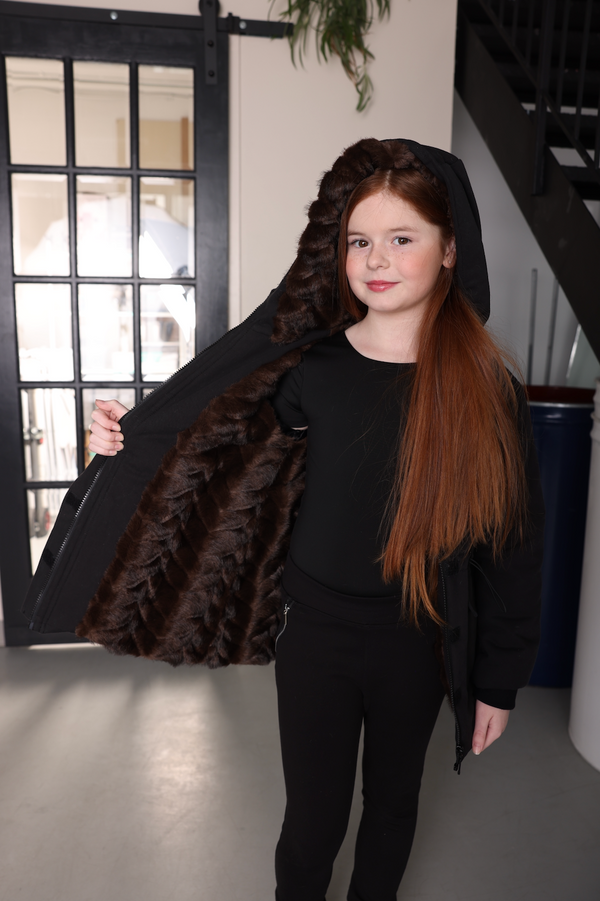 Girls Black with Brown Fur Lined Coat