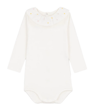White with Ruffled Heart Embroidered Collar Onesie