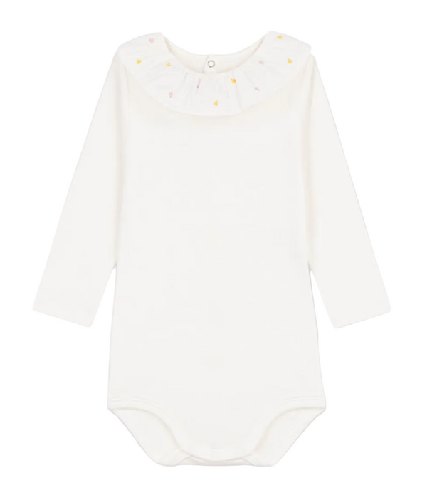 White with Ruffled Heart Embroidered Collar Onesie