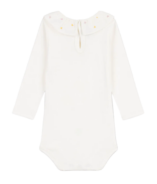 White with Ruffled Heart Embroidered Collar Onesie