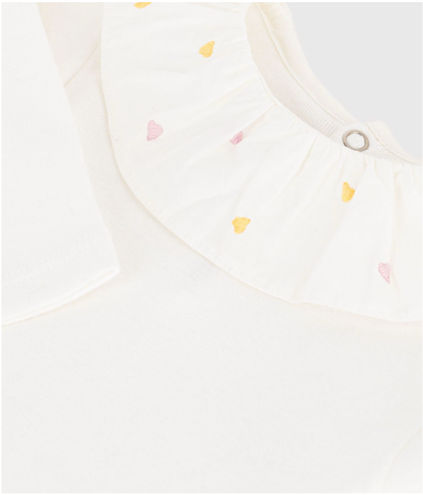 White with Ruffled Heart Embroidered Collar Onesie