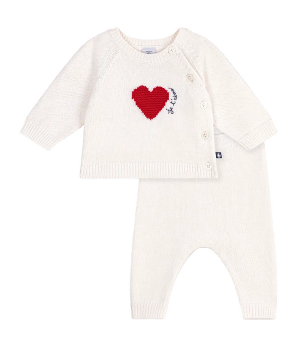 White with Red Heart Sweater and Pants Knit Ensemble