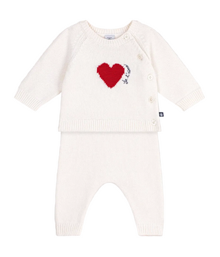 White with Red Heart Sweater and Pants Knit Ensemble