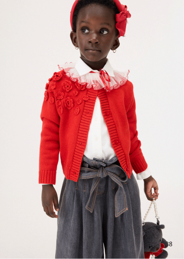 Cream with Ruby Trim Ruffled Collar Blouse