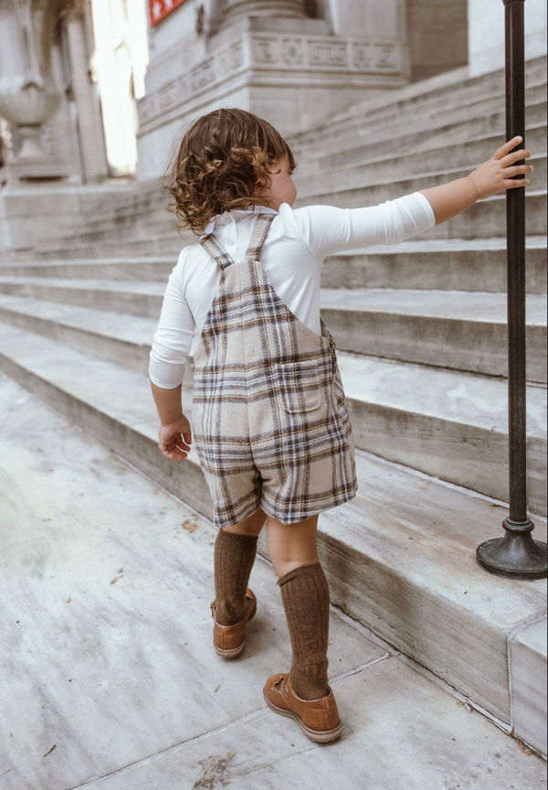 Baby Beige and Blue Plaid Overalls