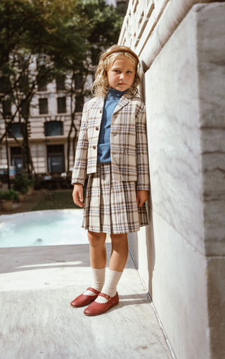 Beige and Blue Plaid Pleated Skirt