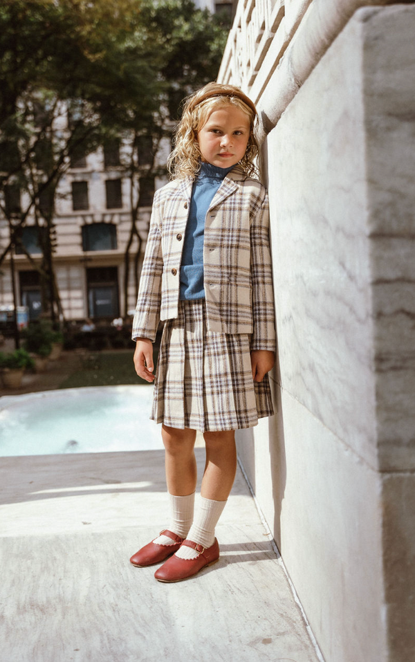 Beige and Blue Plaid Pleated Skirt