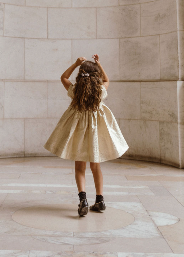 Gold Jaquard Puff Sleeve Dress
