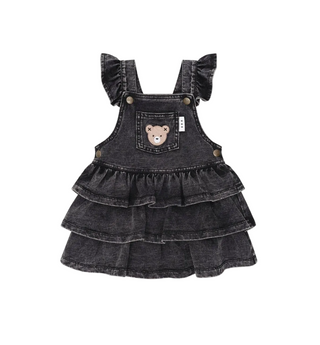 Black Denim Frill Pinafore Dress