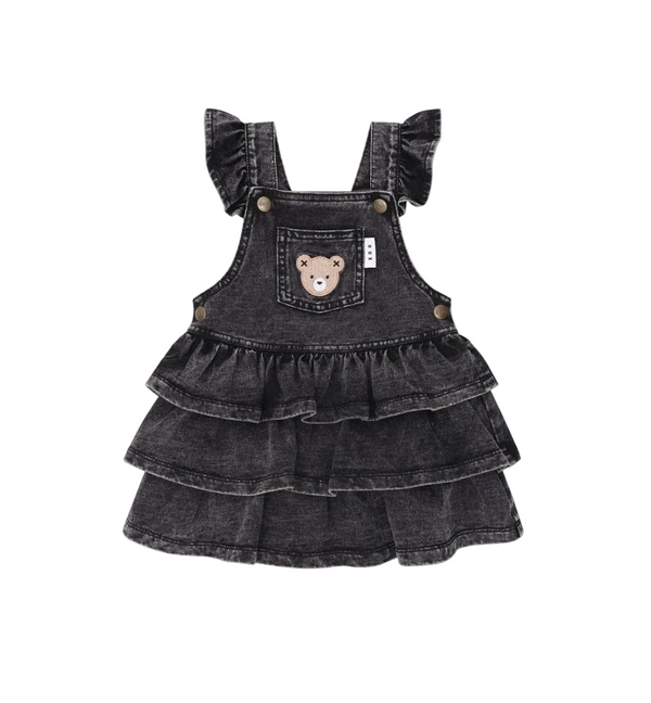 Black Denim Frill Pinafore Dress