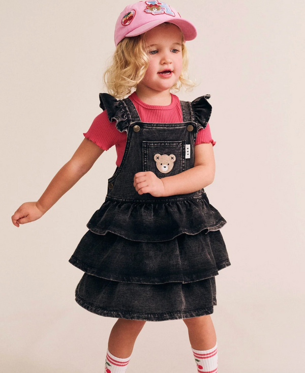 Black Denim Frill Pinafore Dress