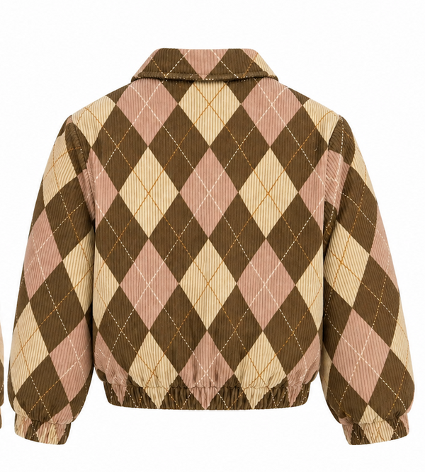Pink and Brown Argyle Print Corduroy Jacket