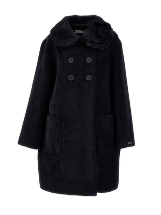 Black Textured Wool Rosette Coat
