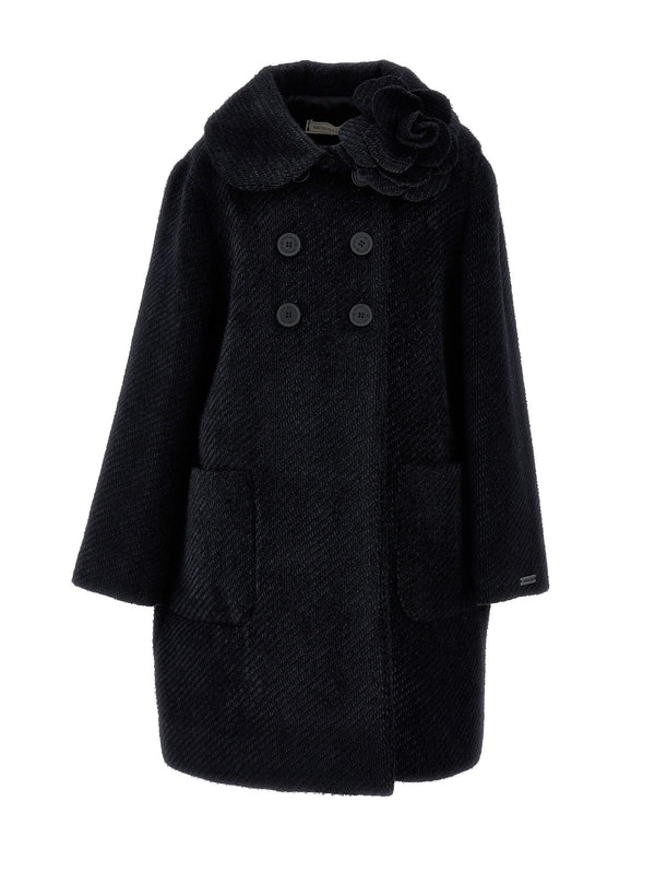 Black Textured Wool Rosette Coat