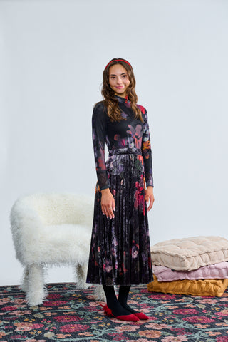 Multicolor Floral Print Velvet Pleated Skirt