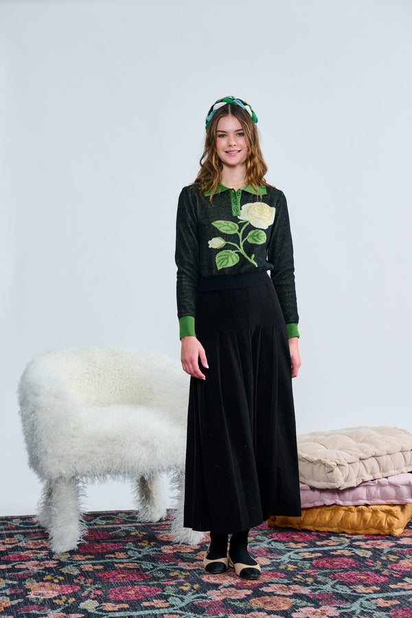 Black with Green Collar Flower Print Knit Top