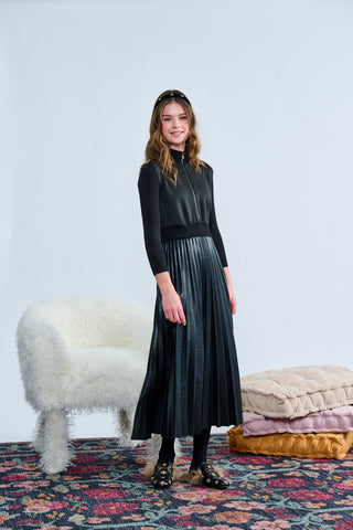 Black Scuba and Leather Pleated Dress