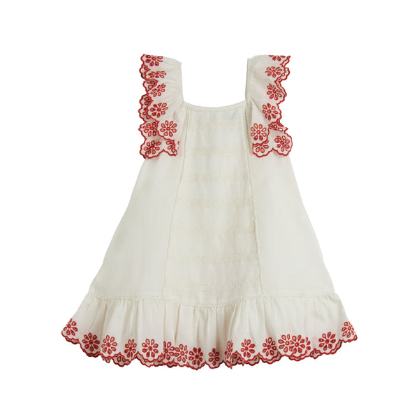 White and Red Linen Scallop Flower Dress