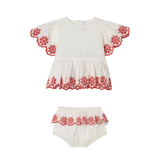 White and Red Baby Linen Bloomer Outfit