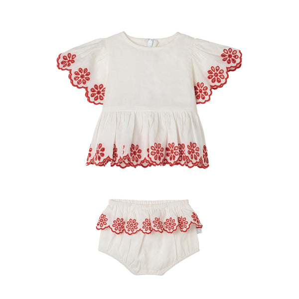 White and Red Baby Linen Bloomer Outfit