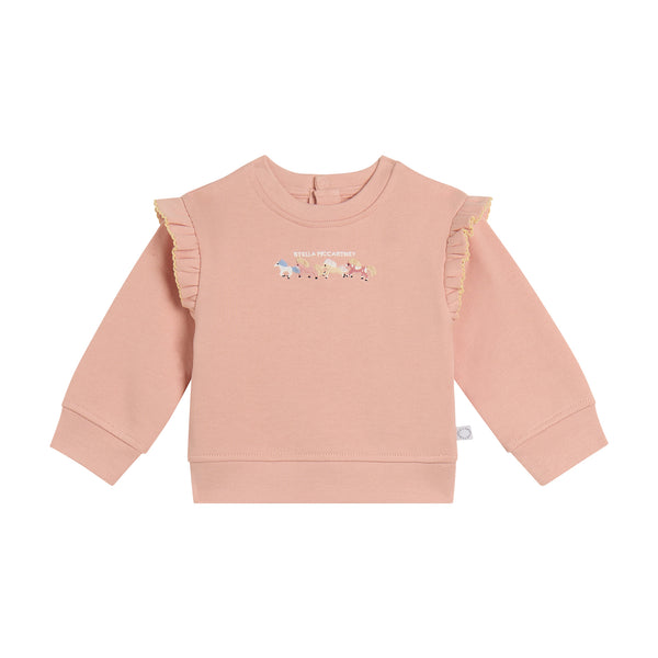 Baby Light Pink Horse Embroidered Ruffle Crewneck
