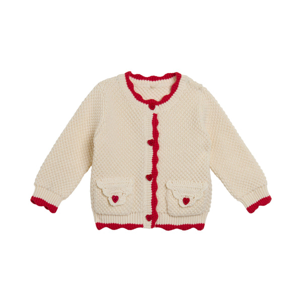 Baby Ivory with Red Scallop Knit Cardigan