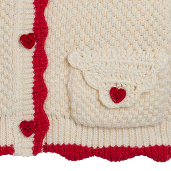 Baby Ivory with Red Scallop Knit Cardigan