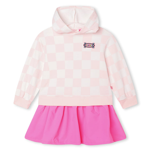 Pink Checked Hooded Dress with Dropwaist Ruffle