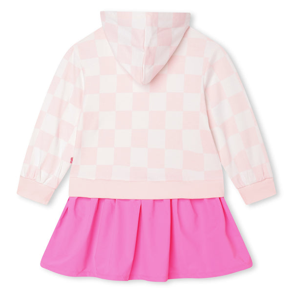 Pink Checked Hooded Dress with Dropwaist Ruffle