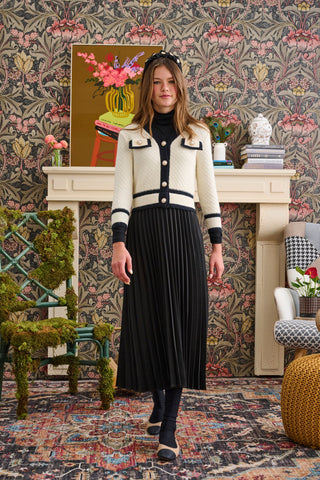 Cream Knit Cardigan with Black Pleated Dress