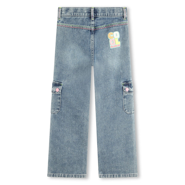 Denim Wide Cut Pants with Cargo Pockets