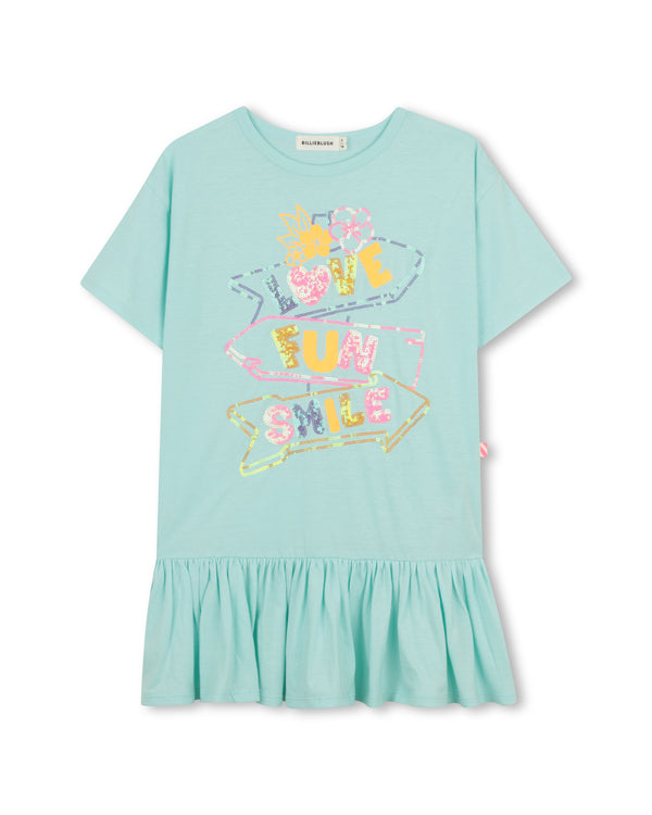 Turquoise Sequin Graphic T-Shirt Dress