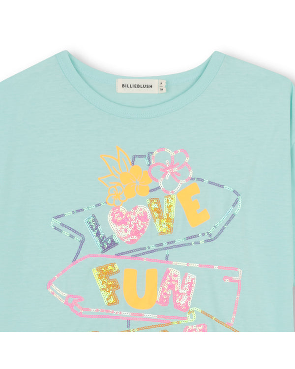 Turquoise Sequin Graphic T-Shirt Dress