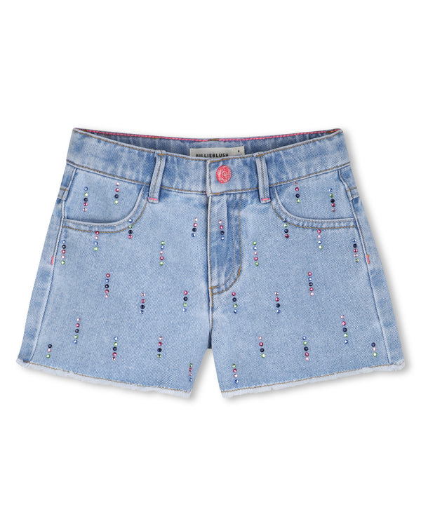 Blue Denim Multicolor Rhinestone Short