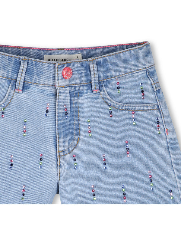 Blue Denim Multicolor Rhinestone Short