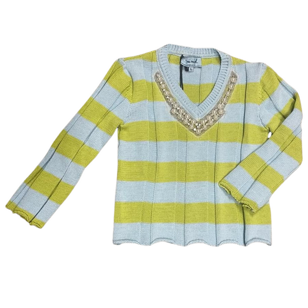 Light Blue and Green Stripe Long Sleeve Sweater Top