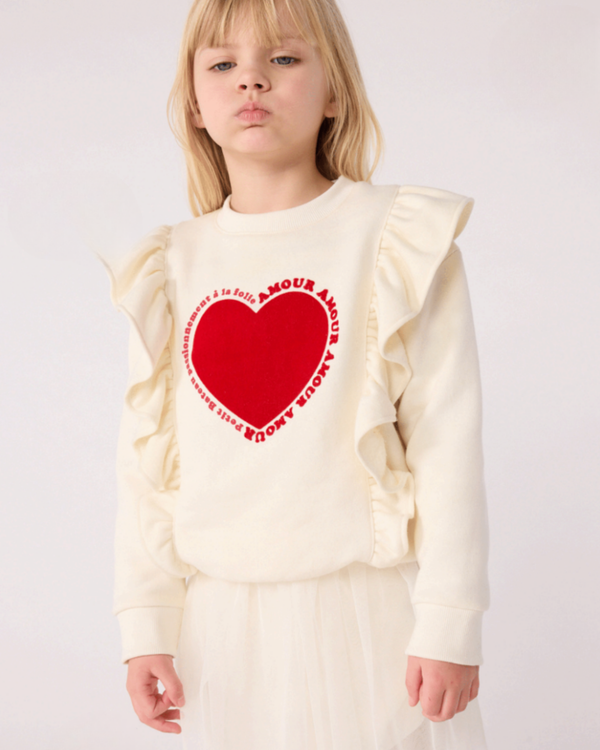 White with Red Heart Ruffle Crewneck