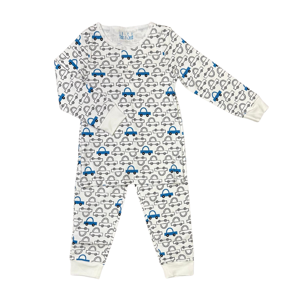 White and Blue Baby Car Print Pajama Set