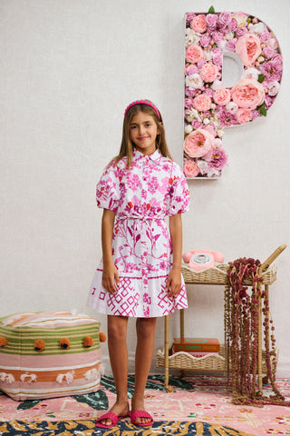 White with Magenta Print Button Down Dress