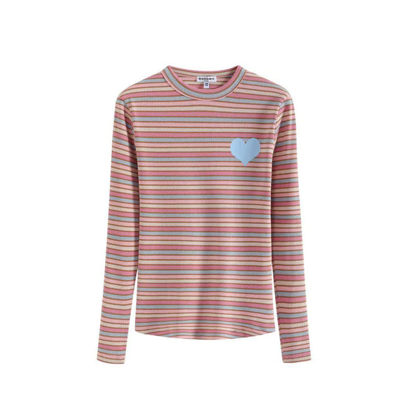 Multicolor Muted Striped Heart Long Sleeve Tee