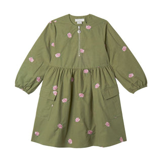 Green Embroidered Ditsy Roses Canvas Dress