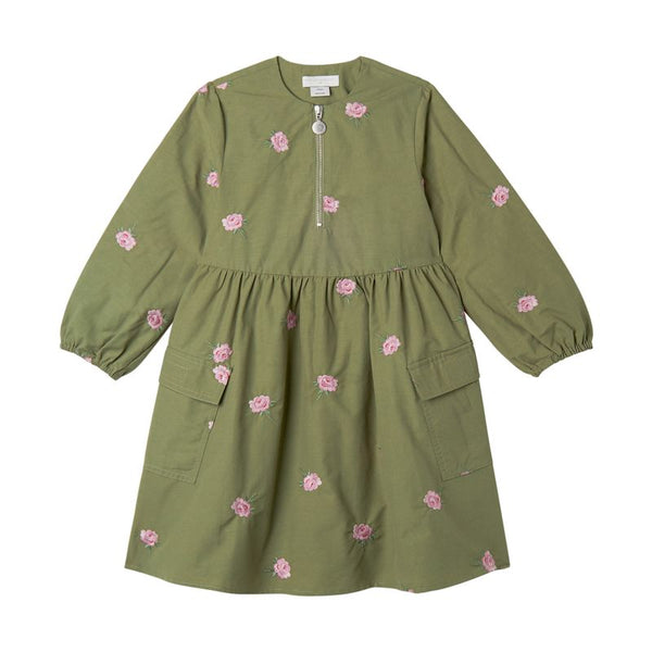 Green Embroidered Ditsy Roses Canvas Dress