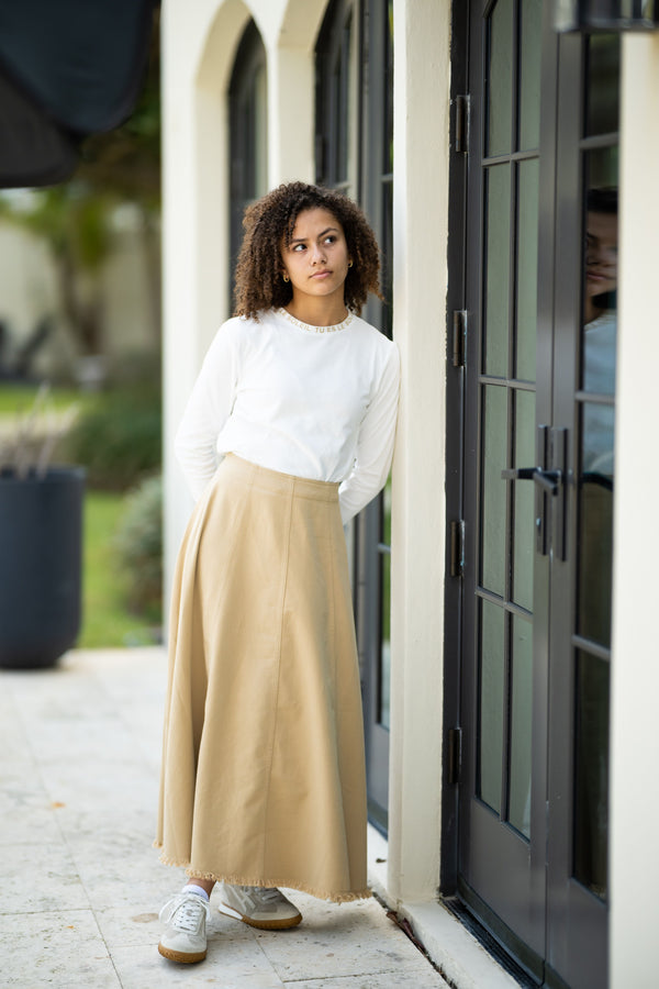 Tan Denim Paneled Skirt