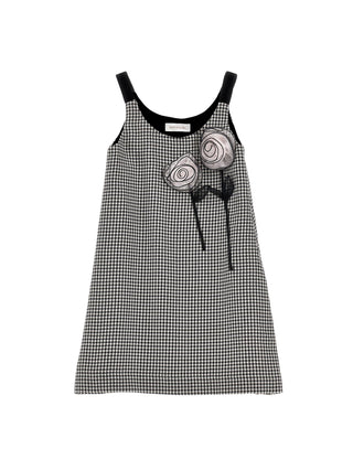 Cream and Black Herringbone 3D Flower Jumper Dress