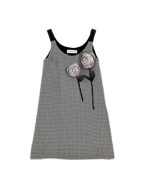 Cream and Black Herringbone 3D Flower Jumper Dress