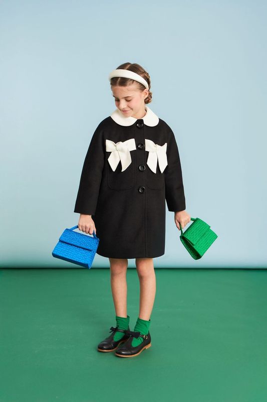 Black and White Bow Embellished Wool Coat