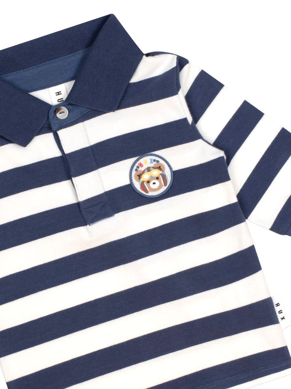 Navy and White Striped Long Sleeve Polo