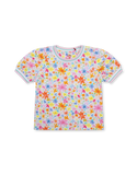 White Tjerry Puff Sleeves Multicolor Flowers Tee