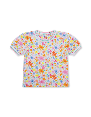 White Tjerry Puff Sleeves Multicolor Flowers Tee