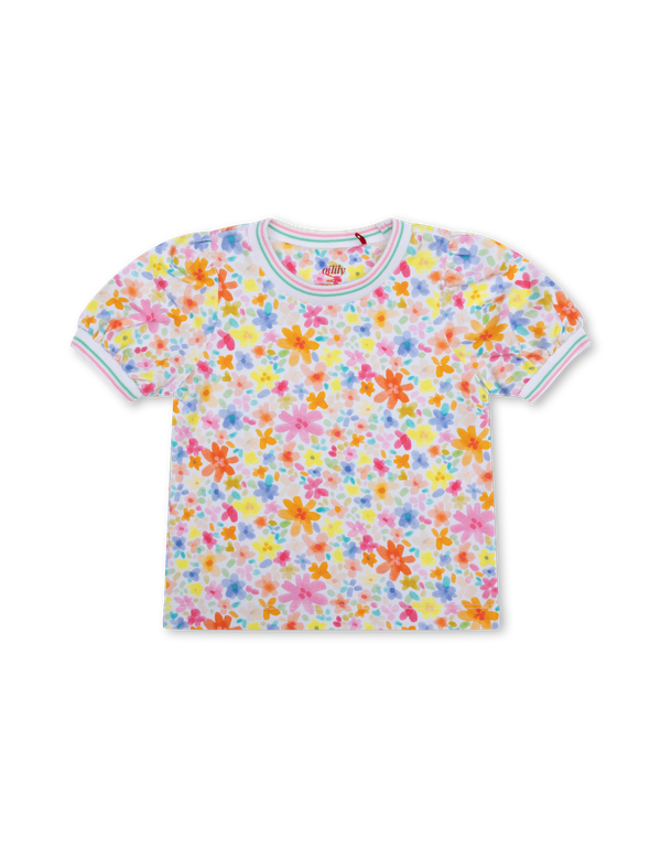 White Tjerry Puff Sleeves Multicolor Flowers Tee